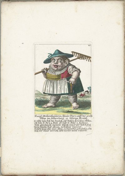 القزم Margl Woltzenthoulerin ، تقريبًا. 1710 Margl Woltzenthoulerin ، Mayr-Thirn auff der Grossn Olbm im Zillersberg ، 12. Jährige Brauth (العنوان على الكائن) Il Callotto resurcitato أو خزانة Zwerchen المعينة حديثًا (عنوان السلسلة) بواسطة مارتن إنجلبرخت (منسوب إلى)