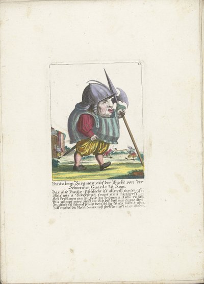 Dwerg Pantaleon Bürgman van de Zwitserse Garde te Rome، حوالي 1710 بانتاليون بورجمان ، في مهمة حراسة من الحرس السويسري في روما (العنوان على الجسم) Il Callotto resurcitato أو خزانة صغيرة مفروشة حديثًا (عنوان السلسلة) بواسطة مارتن إنجلبرخت (منسوب إلى)