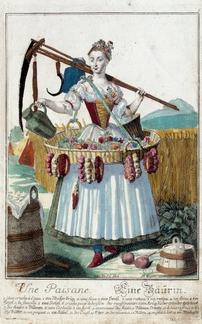امرأة قروية. نقش لمارتن إنجلبريخت (1684-1756) ، في "" التجمع الجديد للمانوفريز habilles "" القرن الثامن عشر ، ألمانيا. باريس ، الفنون الزخرفية. بواسطة مارتن إنجلبرخت