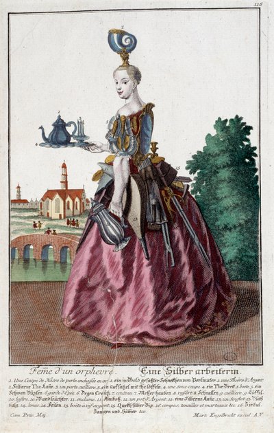 Metier: امرأة من سمكة ذهبية. نقش لمارتن إنجلبريخت (1684-1756) ، في "" التجمع الجديد للمانوفريز habilles "" القرن الثامن عشر ، ألمانيا. باريس ، الفنون الزخرفية بواسطة مارتن إنجلبرخت
