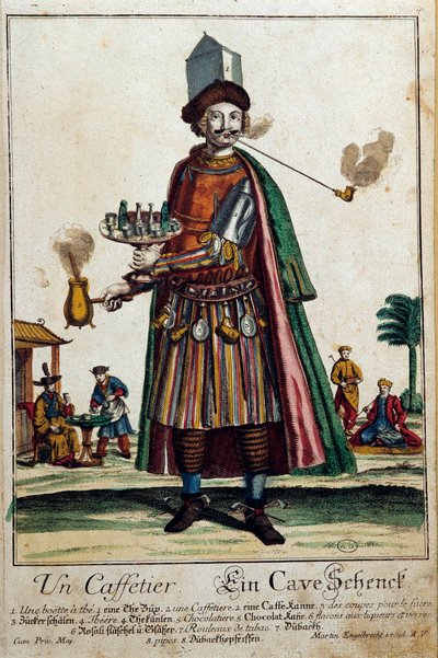 صانعة القهوة: رجل يرتدي صانعة قهوة وخدمة. نقش لمارتن إنجلبريخت (1684-1756) القرن الثامن عشر ، باريس ، الفنون الزخرفية بواسطة مارتن إنجلبرخت