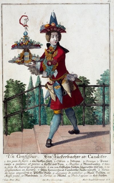الحلواني: شاب يحمل صينية حلوى وسكريات. نقش لمارتن إنجلبريخت (1684-1756) من القرن الثامن عشر. باريس ، الفنون الزخرفية بواسطة مارتن إنجلبرخت
