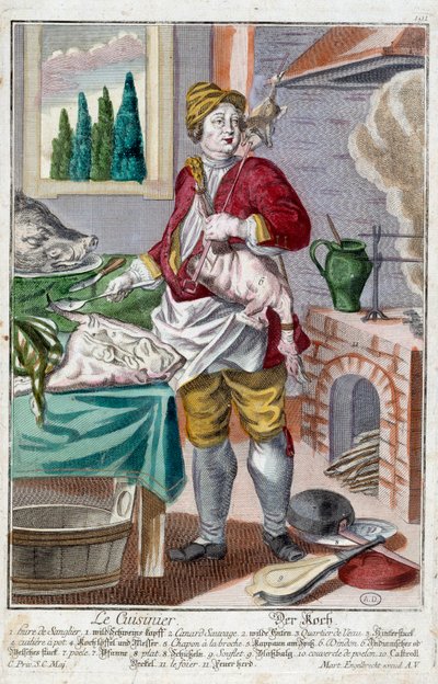 الطباخ. نقش لمارتن إنجلبريخت (1684-1756) ، في "" التجمع الجديد للمانوفريز habilles "" القرن الثامن عشر ، ألمانيا. باريس ، الفنون الزخرفية بواسطة مارتن إنجلبرخت