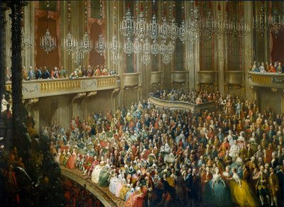 العيد الذي أقيم على شرف ماري تيريز من النمسا (1717-1780) ، جوزيف الثاني (1741-1790) التي أصبحت إمبراطورًا وزوجة إيزابيلا من بارما (بوربون بارما) (بوربون بارما) في 10/10/1760 الشاب فولفغانغ أماديوس موتسارت (1756-1791) موجود. اللوحة من الشوري بواسطة Martin II (مدرسة) Mytens أو Meytens
