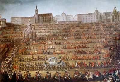 دخول ماري إيزابيلا من بوربون بارما (1741-1763) إلى فيينا بمناسبة زواجها من الإمبراطور جوزيف الثاني ملك النمسا (1741-1790) ، في الخلفية ، كنيسة القديس أوغسطين ومكتبة البلاط. يتم تنظيمه من خلال بواسطة مارتن ميتنز الأصغر