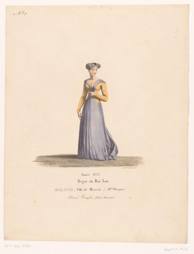 كوستيوم فان ماري مارسيل من مأساة مارسيل ماري ابنة مارسيل (العنوان على وجوه) Theatrekostuums (عنوان المسلسل) المسرح الفرنسي: مجموعة من الأزياء التي كتبها MM. J. Alaux و L. Duponchel من رسومات المخطوطة في مكتبة الكوميديا بواسطة جان الو