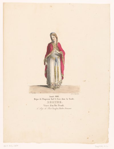 Kostuum van koningin Berthe uit de tragedie حصار باريس بيرث (العنوان على الكائن) Theatrekostuums (عنوان المسلسل) المسرح الفرنسي: مجموعة من الأزياء التي كتبها MM. J. Alaux و L. Duponchel بناءً على رسومات مخطوطة من Bibliothèque de la Comédie- بواسطة جان الو