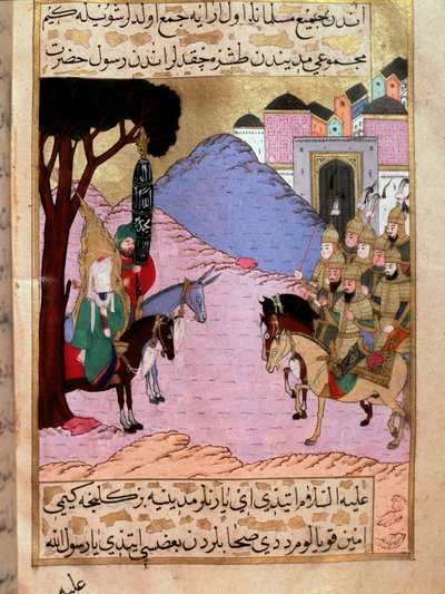 النبي محمد ، الذي يمثل الوجه الخفي ، يحاول إقناع المكيون بالانتظار في المدينة المنورة وصول جيوش القريش المعادية (أو القريشيين). سيقاتلون في معركة أحد المنمنمات المأخوذة من "سير النبي" (سير بواسطة مارتينو باسي