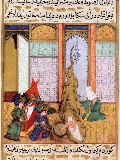 مولد النبي محمد المصغر مأخوذ من قصيدة ملحمية "سير النبي" (سير النبي) تروي حياة النبي محمد كتبها مصطفى بن يوسف دي أرزوروم تحت حكم مراد الثالث (1574-1595) ). منمنمة لطفي عبد الله (ت بواسطة مارتينو باسي