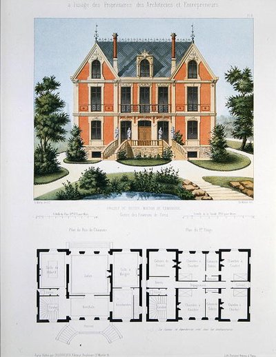 مشروع لمنزل ريفي صغير بالقرب من باريس ، نقش بواسطة والتر ، اللوحة 6 من "Architecture Pittoresque et Moderne" (لون ليثو) بواسطة مارتي (بعد)
