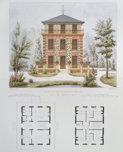 مشروع لمنزل ريفي صغير بالقرب من باريس ، محفور بواسطة والتر ، اللوحة 18 من العمارة Pittoresque et Moderne بواسطة مارتي