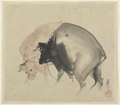 Two Bulls، c.1810 (حبر وألوان على ورق) بواسطة ماروياما أوجو