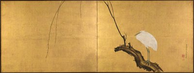 مالك الحزين على فرع الصفصاف ، شاشة قابلة للطي من لوحين ، أواخر القرن الثامن عشر (الحبر واللون والورنيش والذهب على الحرير) بواسطة ماروياما أوكيو