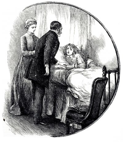 نقش يصور طبيباً يزور مريضه الشاب في المنزل. رسمها ماري إلين إدواردز (1838-1934) فنانة إنجليزية ورسامة غزيرة الإنتاج لكتب الأطفال بواسطة ماري إلين إدواردز