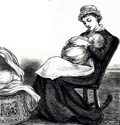 نقش يصور أمًا تهز طفلها. مصورة ماري إلين إدواردز (1838-1934) فنانة إنجليزية ورسامة غزيرة الإنتاج لكتب الأطفال بواسطة ماري إلين إدواردز