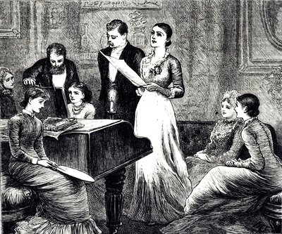 نقش يصور أمسية موسيقية. رسمها ماري إلين إدواردز (1838-1934) فنانة إنجليزية ورسامة لكتب الأطفال بواسطة ماري إلين إدواردز