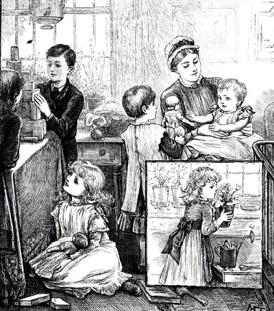 نقش يصور مشهدًا عاديًا لعائلة ثرية من العصر الفيكتوري. في الصورة الرئيسية ، تتم مراقبة الأطفال من قبل مربية الأطفال وهم يلعبون بآجر البناء. تُظهر الصورة المدرجة فتاة صغيرة تضع نباتًا محفوظًا في أصيص على عتبة النافذة. أنا بواسطة ماري إلين إدواردز
