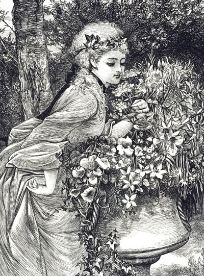 نقش يصور فتاة صغيرة تشم رائحة الزهور الموجودة في جرة حديقة. رسمها ماري إلين إدواردز (1838-1934) فنانة إنجليزية ورسامة لكتب الأطفال بواسطة ماري إلين إدواردز