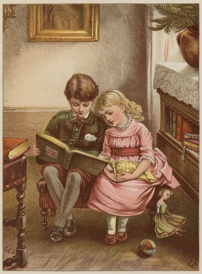 فتى وفتاة يقرأان كتابًا (chromolitho) بواسطة ماري إلين إدواردز