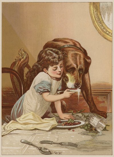 فتاة تغذية الكلب (chromolitho) بواسطة ماري إلين إدواردز