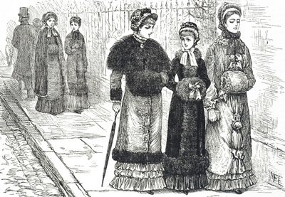 رسم توضيحي يصور شابات يرتدين غطاء للرأس لإبقاء أيديهن دافئة أثناء الطقس البارد بواسطة ماري إلين إدواردز