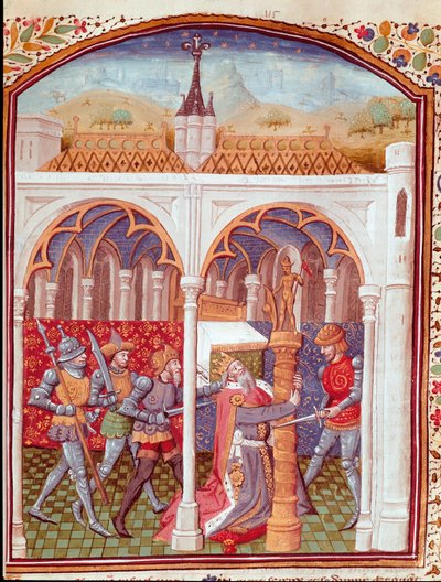 اغتيال ملك مصغر مأخوذ من "" حالات مصائب رجال ونساء نبيل "" (De casibus) بقلم جيوفاني بوكاتشيو ديت جان بوكاتشيو (1313-1375) ، كاتب إيطالي ، ترجمه لوران دي بريميرفيت وأضاءه سيد دونوا ( 15 بواسطة سيد دونوا