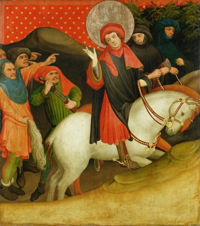 السخرية من سانت توماس ، لوحة من مذبح سانت توماس من كنيسة سانت جون ، هامبورغ ، بدأت في عام 1424 (درجة الحرارة والزيت على اللوحة) بواسطة سيد فرانك