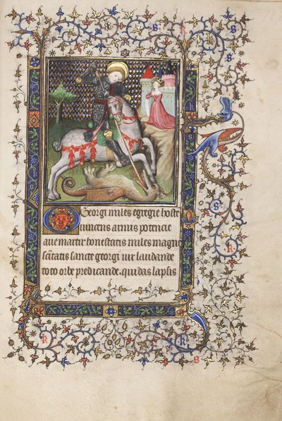 MS Widener 4 f.188r ، St. George Fighting the Dragon ، من كتاب الصلوات ، استخدام رين ، حوالي 1405 (قلم وحبر وتمبرا على ورق) بواسطة سيد لوسون