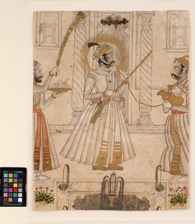 ماهارانا عمار سينغ الثاني يدخن شيشة على شكل خروف، حوالي 1705 (ألوان مائية غير شفافة وذهب على ورق) بواسطة سيد ستبل