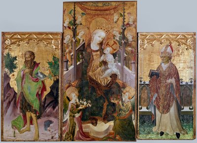 Virgin with child, st John the baptist and st Ambrose - Altarpiece with three panel, around 1430 بواسطة ماجستير في Burgo de Osma