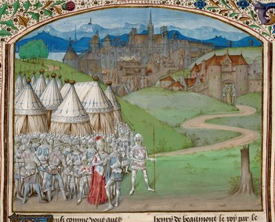 Royal 15 E. IV f.316v الملكة إيزابيلا وجيشها مع إيواء جسد Hugh le Despenser في الخلفية ، رسم توضيحي من "Chroniques d