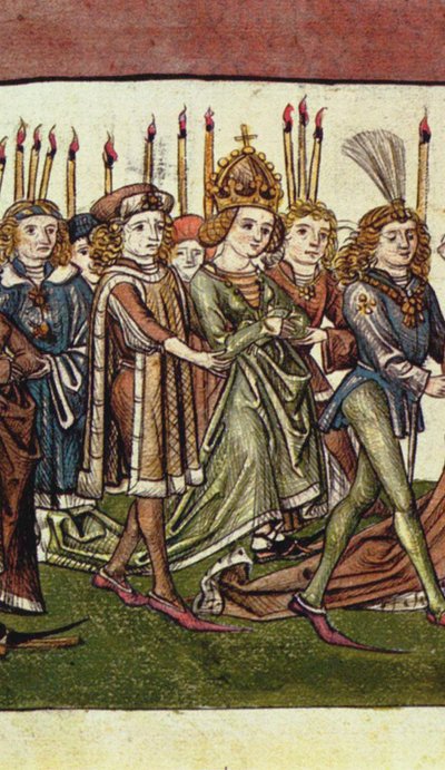 الملكة اليزابيث لوكسمبورغ. التفاصيل من Richental's Illustrated Chronicle ، ج. 1440 بواسطة ماجستير في تاريخ مجلس كونستانس