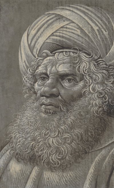 رأس رجل ملتح يرتدي وجه عمامة ، ظهر بالخط اللاتيني ، كاليفورنيا. 1510. بواسطة سيد موت أبشالوم