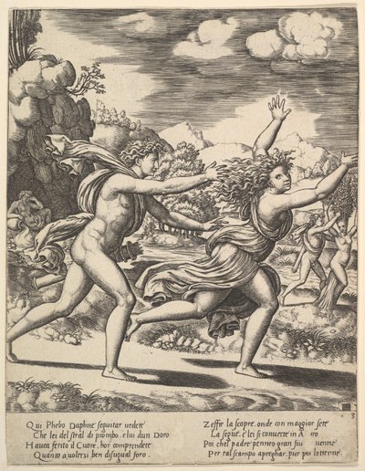 أبولو يطارد دافني الذي ألقى ذراعيها ، في الخلفية على اليمين يظهر موم ... ، 1530-60. بواسطة سيد الموت