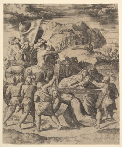 المسيح يحمل الصليب محاطًا بالجنود ، العديد منهم يمتطون الجياد ، 1530-1560. بواسطة سيد الموت