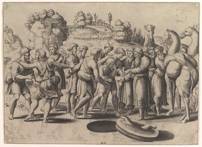كان يوسف في الوسط يبيعه إخوته الواقفون فوق بئر ، والجمال إلى اليمين ، 1533. بواسطة سيد الموت