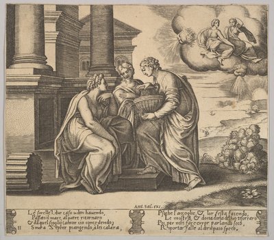 اللوحة 11: تقدم Psyche هدايا لأخواتها ، من "The Fable of Psyche" ، 1530-60. بواسطة سيد الموت