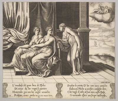 اللوحة 12: تقنعها أخوات Psyche بأن حية تنام معها ، من The Fable ...، 1530-60. بواسطة سيد الموت