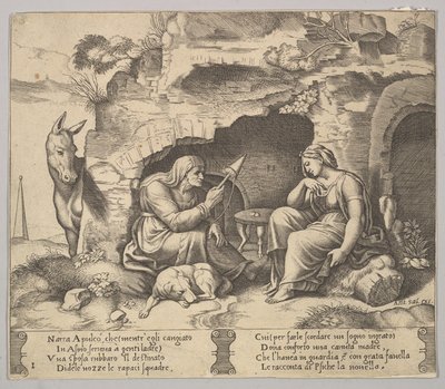اللوحة 1: تحول أبوليوس إلى حمار يستمع إلى القصة التي ترويها المرأة العجوز ... ، 1520-70. بواسطة سيد الموت