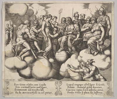 اللوحة 30: فينوس وكوبيد يترافعان في قضيتهما أمام كوكب المشتري وآلهة أخرى ... ، 1530-1560. بواسطة سيد الموت