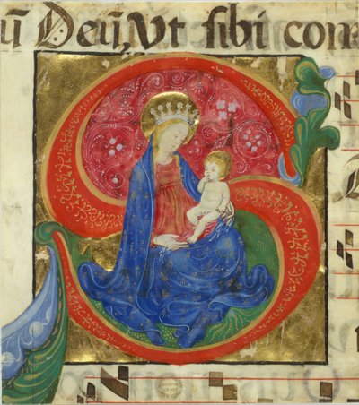 إضاءة مخطوطة مع العذراء والطفل في البداية S ، من Antiphonary ، منتصف القرن الخامس عشر بواسطة سيد الفرنسيسكان الادعيه