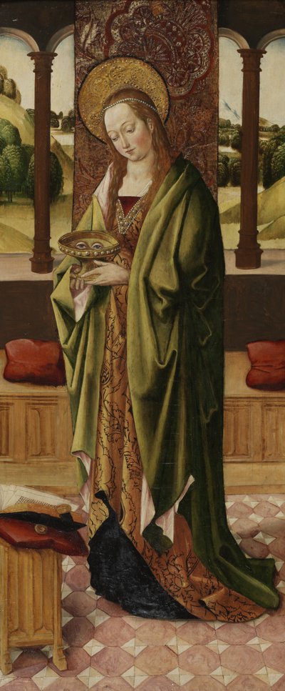 ثلاثية من العذراء والطفل بملائكين ، تفاصيل سانت لوسي من اللوحة اليمنى ، c.1500 (انظر أيضًا 225326 ، 225327) بواسطة سيد لي تريبتيك سيد لي تريبتيك