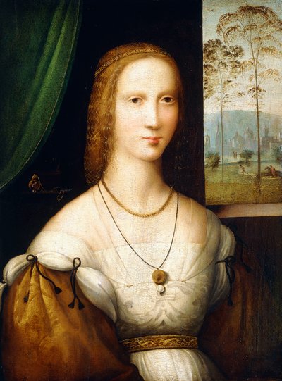 صورة لسيدة ، نصف طول ، ترتدي فستانًا أبيض بأكمام ذهبية بواسطة Master of the Leonardesque Female Portraits