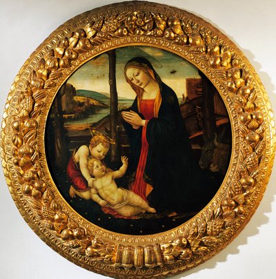 Madonna and Child with the infant Saint John the Baptist, painting attributed to the Master of Tondo Miller (end of 15th century). بواسطة سيد ميلر توندو (سمة إلى)