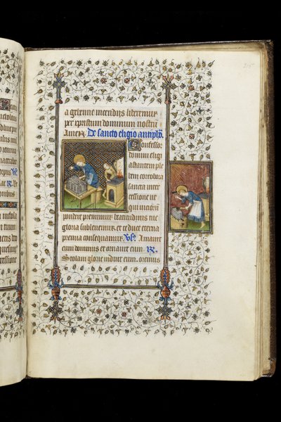 Ms 62 f.215r القديس اليجيوس يصنع مزارًا ؛ القديس إيليجيوس في سندان ، من كتاب الصلوات ، حوالي 1445-50 (ورق) بواسطة سيد ساعات روهان