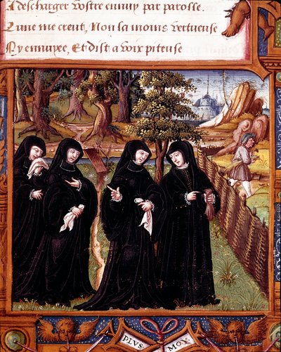 تمثيل لملكة نافارا مارغريتا من أنغوليما (1492-1549) تتحدث مع رفاقها الصفحة مأخوذة من مخطوطة "La coche ou Debat d'Amour" "لمارجريتا من أنغوليما التي أضاءها سيد روهان بواسطة سيد ساعات روهان