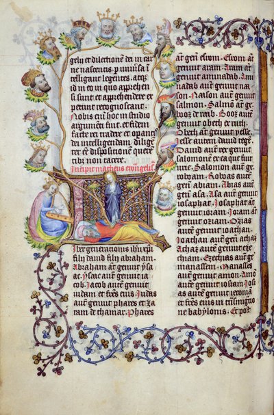 السيدة 289.3 f.67v شجرة جيسي التي تصدر من البداية ، من إنجيل سانت ماثيوز ، أوتريخت ، c.1425 (ورقة ذهبية ، حبر ذهبي ، درجة حرارة على الرق) بواسطة سادة زويدر فان كولمبورج