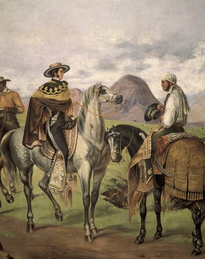 شاروس "" (فرسان مكسيكيون) يرتدون ملابس فاخرة. عمل ماتيو سالدانا (1875-1951) ، القرن العشرين. الأزياء. زيت على قماش بواسطة ماتيو سالدانا