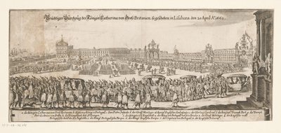 رحيل كاثرين براغانكا إلى إنجلترا في 20 أبريل 1662 Prächtiger Durchzug der Königin Catharina von Gross Britanien ، ولدت في لشبونة في 20 April Ao. 1662 (العنوان على البند) زواج كاثرين براغانسا والملك الإنجليزي تشارلز بواسطة ماثيو مريان (الثاني)
