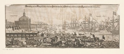 رحيل الأسطول مع كاثرين براغانسا إلى إنجلترا في 20 أبريل 1662 Abildung wie die Königin Catharina von Gross Britanien zu Schiff von Lisabona بعد إنجلترا. Anno 1662 (العنوان على الكائن) زواج كاثرين من براغانسا وإن بواسطة ماثيو مريان (الثاني)